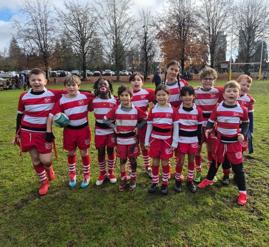 VRC Rugby Minis team in red and white kit at a BC Rugby junior festival, Vancouver